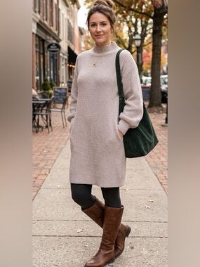 DREAMERS Mock Neck Ribbed Knit Sweater Dress Oatmeal Beige M/L
